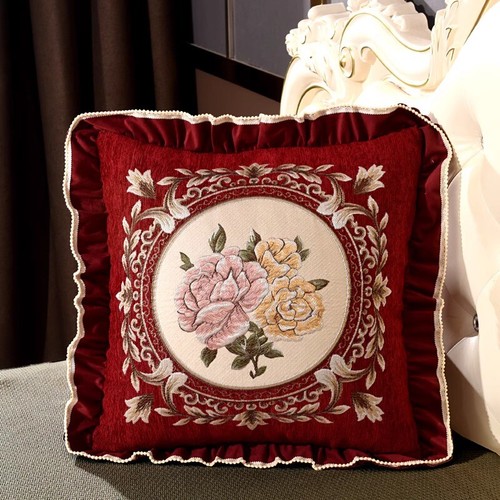 1X Chinese Floral Embroidery Cushion Case Ruffle Trim Retro Pillow Cover No Core - Picture 1 of 18