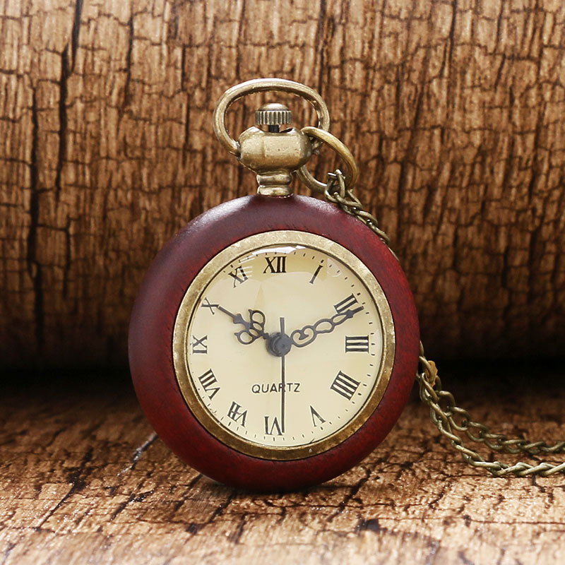 Red Wood Edge Roman Numeral Quartz Pocket Watch 80cm Necklace Pendant Chain Gift - Picture 4 of 7