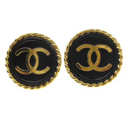 Chanel Knopf Ohrringe Gold Schwarz Clip-On 95A 69078