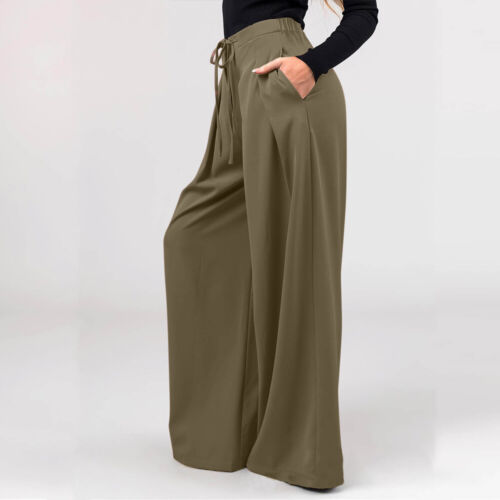 Womens Solid Pockets Casual Loose Wide Leg Pants Ladies Summer Trousers Bottoms - Picture 18 of 25