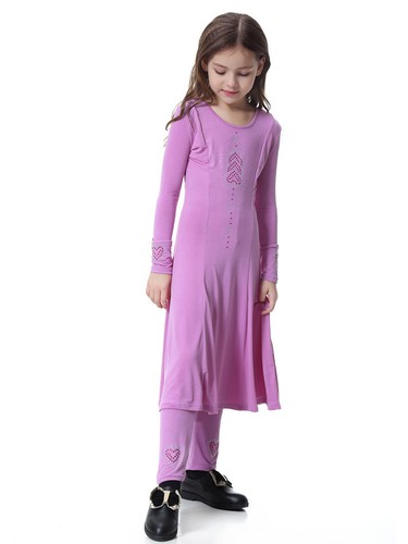 Kids Abaya Muslim Prayer Maxi Dress Girls Pants Robe 2-Piece Set Islamic Kaftan - Picture 47 of 60