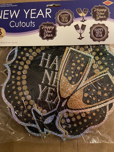 Happy New Year Glitter Paper Cutouts 6 Pack 7.5" TO 10" 1920's Decorations - Picture 1 of 6