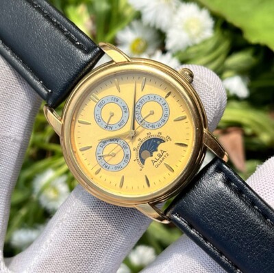 Vintage Seiko Alba Sun & Moon Phase Triple Calendar Japan Quartz