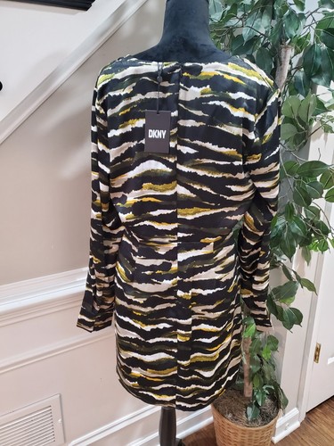 DKNY Damen mehrfarbig 100 % Polyester V-Ausschnitt Langarm knielanges Kleid 10 - Bild 9 von 17