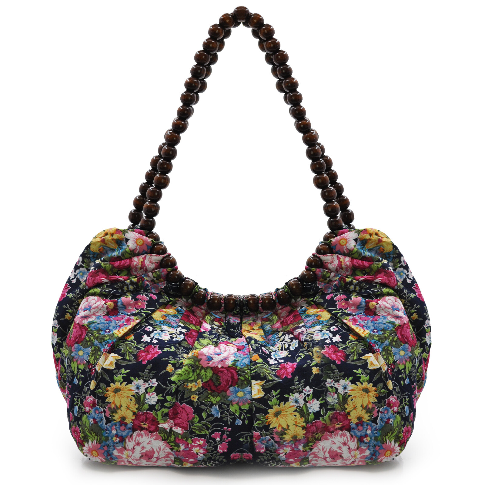 Borsa sacco fantasia fiorata morbida capiente donna manici palline in legno - Foto 4 di 12