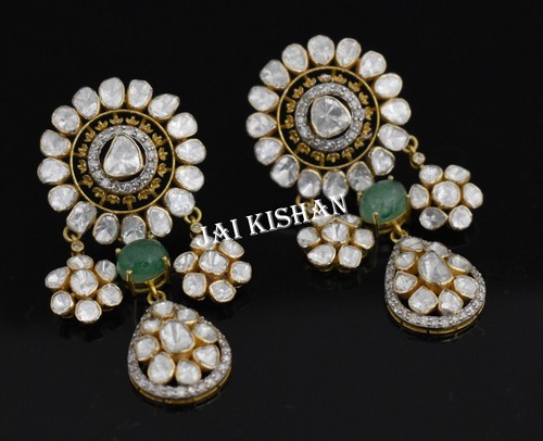 Emerald Gemstone Pave Polki Diamond 925 Sterling Silver Dangle Earring Jewelry - Picture 9 of 11
