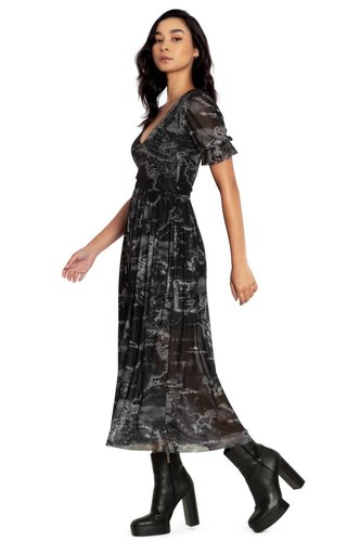 Black Milk Middle‑Earth Map Black Stellar V‑Neck Puff‑Sleeve Midaxi Dress AU XL - Picture 3 of 17