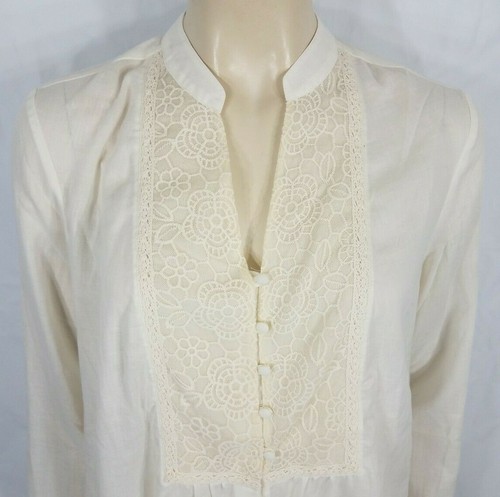 Mary McFadden ivory off-white thin lacy Y-Neck button front blouse ladies Medium - Picture 2 of 6