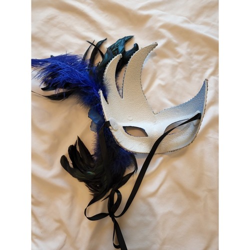 Blue white black mask W feather Glitter Masquerade Shinny Flower Party Ribbon  - Bild 2 von 2