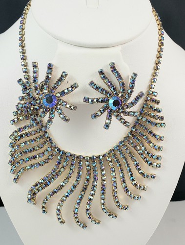 Vintage AB Rhinestone GLITZ Necklace & Clip On Earring SET Gold Tone - Picture 5 of 12