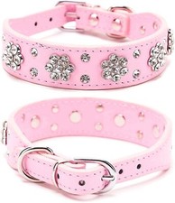 Rhinestone Dog Collar Cute Flower Rhinestone Bling Collar PU Leather Adjustab...