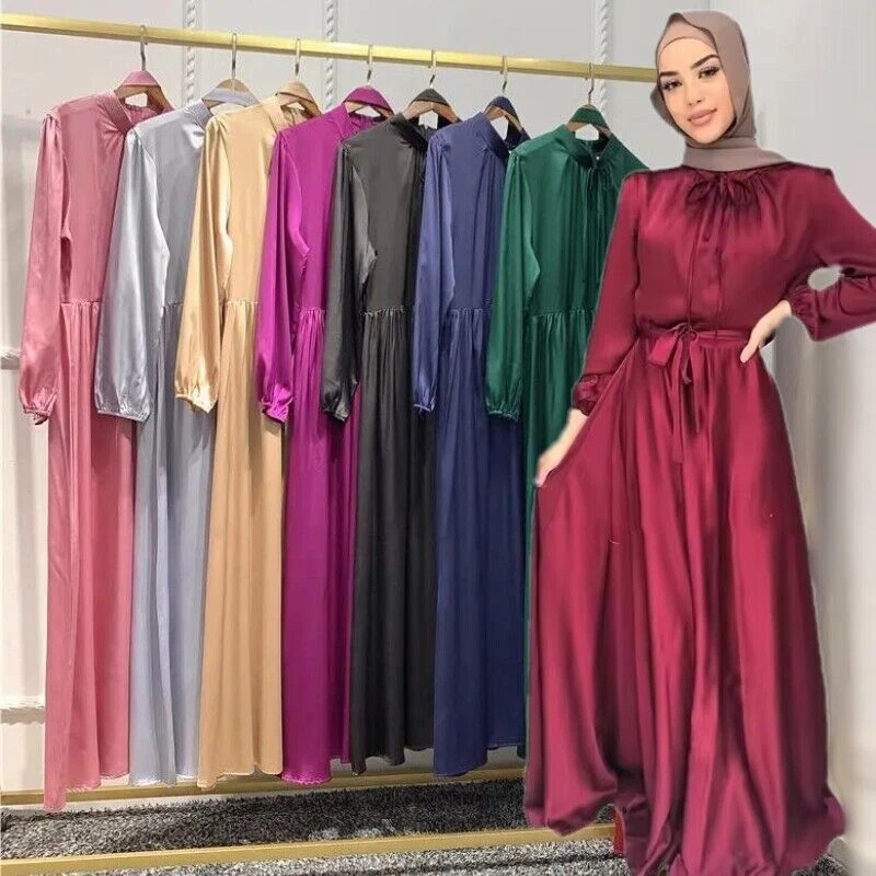 Dubai Moda Satén Vestido Mujeres Musulmán Islámico Ajustado Abaya Cóctel Fiesta Vestidos Foto 3 de 4