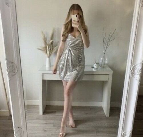 RARE NWT ZARA SILVER KNOTTED SEQUIN DRESS 0387/187 - Picture 4 of 12