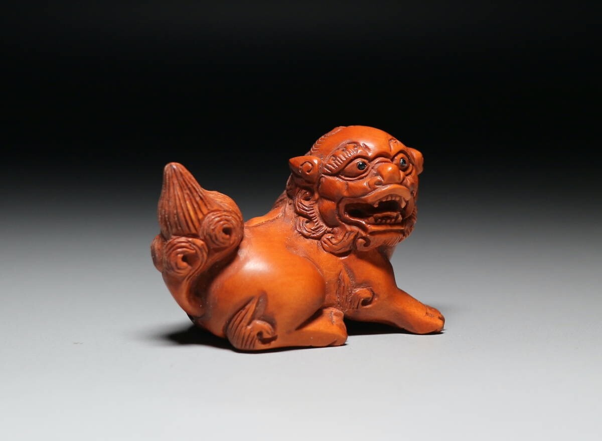 博多人形　子供獅子舞　ガラスケース入　陶器 寿人形　中古美品