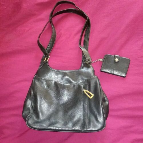 Bolso de mano de vinilo de PVC usado bolso de hombro negro 11""x9""x4,5"" billetera con cremalleras - Imagen 3 de 5