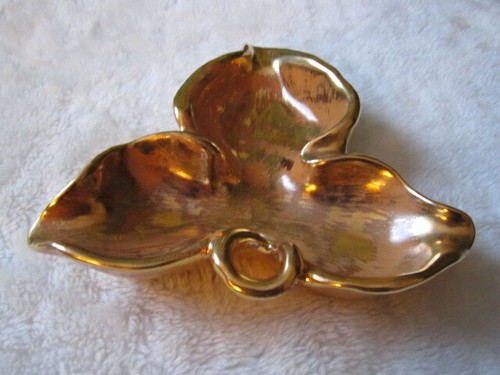 CENICERO DE CIGARROS HOJA CERÁMICA VINTAGE ESMALTE MOTEADO DORADO MCM HOLLYWOOD REGENCY 8" - Imagen 7 de 12