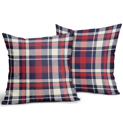 4th of July Plaid Pillow Covers 16x16 Inch Patriotic Decorations Blue Red - Picture 2 of 7