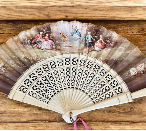 Hand Held Fan COURTING COUPLE Made In Spain 16” X 8” SEE PHOTOS wire In Handel.. - Picture 7 of 14