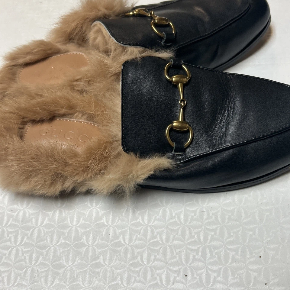 GUCCI | Princetown Fur Black Velvet Horsebit Mules Flats Slides Slippers US 7.5 - Image 3 of 4