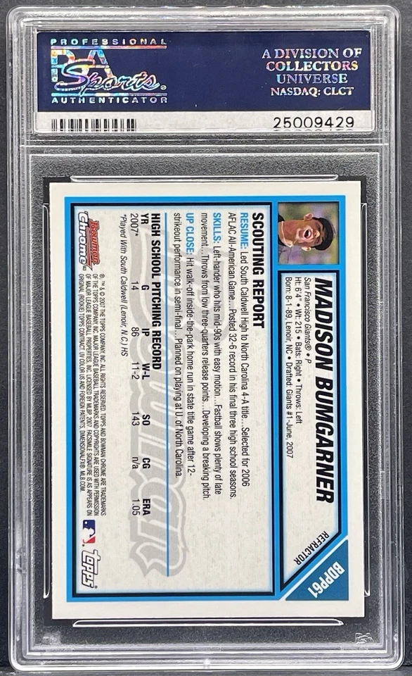 Bowman Chrome 1st Bowman 2007 Madison Bumgarner #BDPP61 REFRACTOR PSA 10 Foto 2 de 2