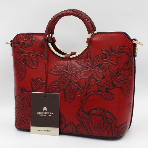 Cuoieria Fiorentina kleine Tasche Damen Toskanisch Rot Leder mit Blumenmuster - Bild 4 von 8