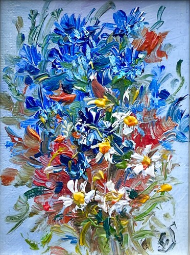 Wilde Blumen Blumen Kräuter Original Ölgemälde kleine Kunst Mini Kunst 4x4in - Bild 5 von 5
