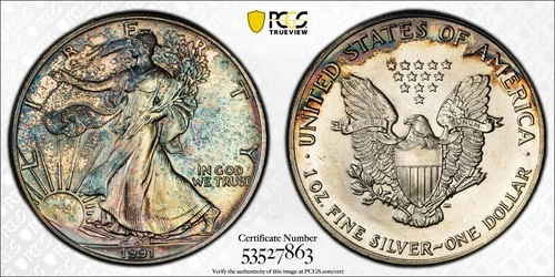 1991 American Silver Eagle Rainbow Toned - PCGS MS65 Rainbow Toned - A388