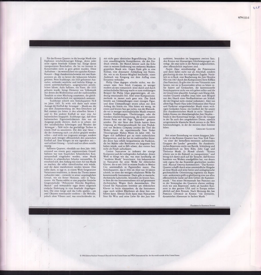 9791111 Kronos Quartet Self-Titled LP vinyl Europe Nonesuch 1986 with inner - Bild 4 von 4