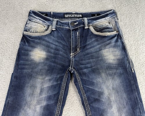 Affliction Black Premium Jeans men 34x32 Blake biker Distressed Embroidered - Picture 2 of 16