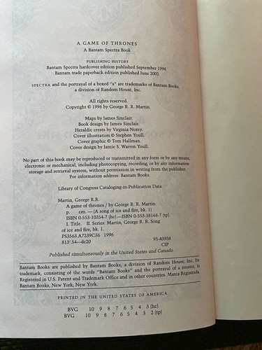 A Game of Thrones Book One Song of Ice George R.R. Martin 1st 2nd print BantamPB - Picture 4 of 5