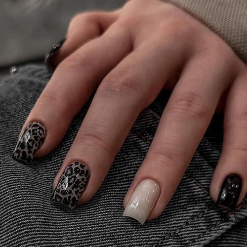 Press on Nails Short Square Fake Nails Black Leopard False Nails Shiny Glossy...