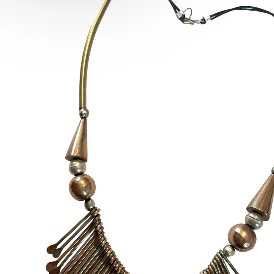 Brass Paddle Fringe Necklace 70’s Leather Cord Brass Hook Handmade Tribal 22” - Image 3 of 4