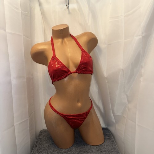 NPC competition bikini posing suit red hologram 32B Cup SMALL BOTTOM - Picture 1 of 2