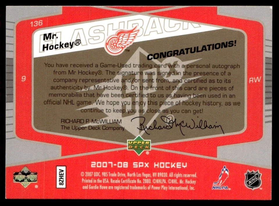 2007-08 SPx Flashback Fabrics Autograph Gordie Howe Auto #136 - Image 2 of 2