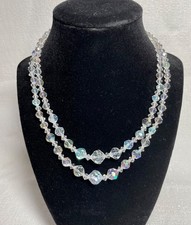 Vintage Crystal Necklace Double Strand Aurora Borealis Faceted Beads 12  - 14"