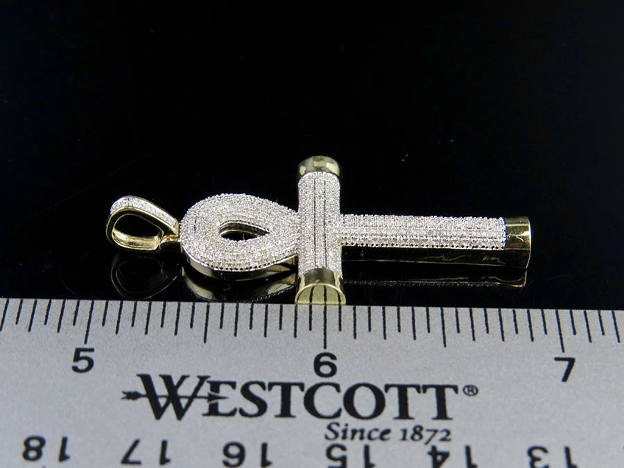 Colgante de diamantes genuinos con cruz de Ankh puff de oro amarillo de 10 quilates para hombre de 0,55 quilates 1,8" Foto 4 de 4