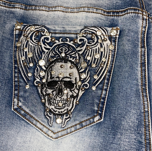 Platinum Plush Jeans Womens 13 Blue Rhinestone Medium Wash Skull Wings Y2K Lot - Picture 11 of 17