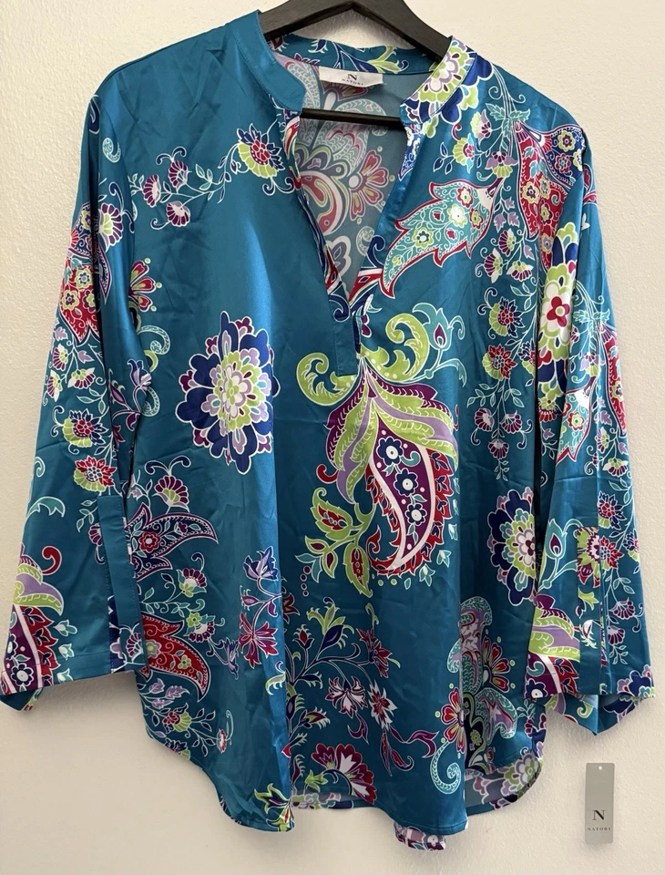 Nuevo con etiquetas Conjunto de pijama satinado ligero estampado Natori DAT JAIPUR verde azulado oscuro talla L Foto 2 de 4