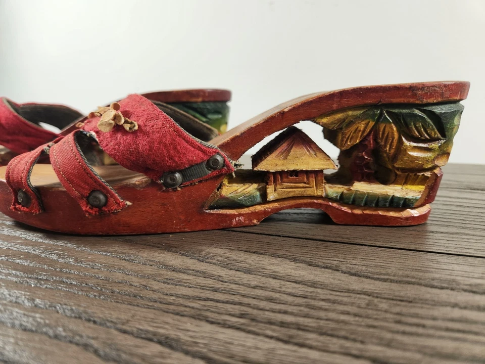 Винтаж - Вторая мировая война 1940-х годов эпохи ручной резьбы расписные деревянные туфли сандалии новинка - деко - Изображение 2 из 4