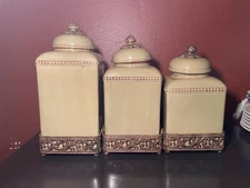 SET Of 3 Gracious Goods GG Collection Large Canister Acanthus Leaf & Metal Base