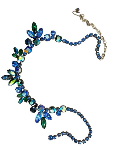 Vintage Regency AB Sapphire Blue & Emerald Green Rhinestones Bib Necklace - Picture 11 of 11