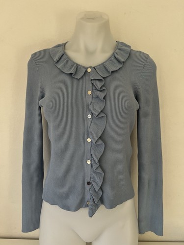 Sandro Cardigan Women 3 Large Blue Ribbed Ruffles Buttons Up Knit Long Sleeves - Picture 2 of 20