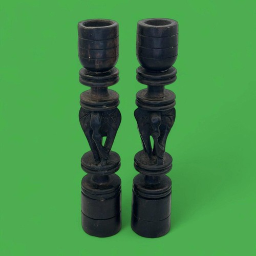 Pair of Hand-Carved African Elephant Candle Holders – Hardwood Tribal Art - Picture 2 of 9