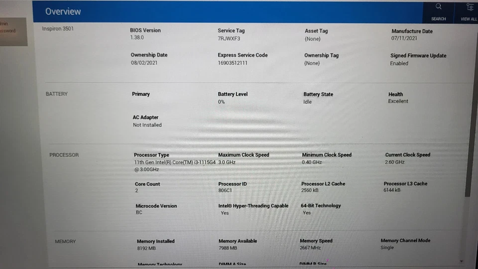 Dell Inspiron 3501 15.6inch laptop, Win 11, 256gb SSD, 8GB ram, Intel I3 11thGen - Image 2 of 4