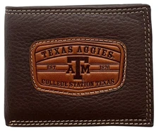 Texas A&M Aggies Genuine Leather Branded Bifold Wallet in Brown by Enmon-New