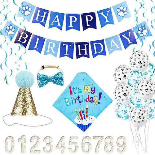 Lindo pañuelo de cumpleaños azul mascota perro cachorro sombrero pajarita globo conjunto suministros de fiesta - Imagen 2 de 8
