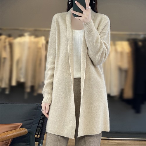 New Pure Wool Knitted Cardigan Long-sleeved Women's Loose Warm Long Coat Sweater - Bild 17 von 22