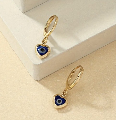 14k Gold Plated Evil Eye Heart Shape Dangle Earrings! - Picture 3 of 6
