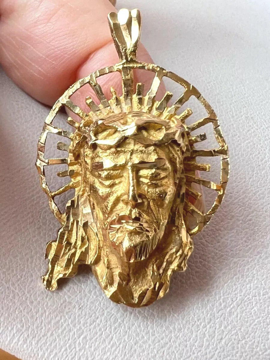 14K YELLOW GOLD JESUS CHRIST HEAD PENDANT NECKLACE RELIGIOUS GREAT