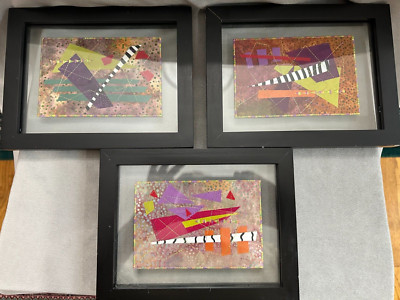 Stunning Three Abstract Quilted Postcards in Clear Shadow Boxes